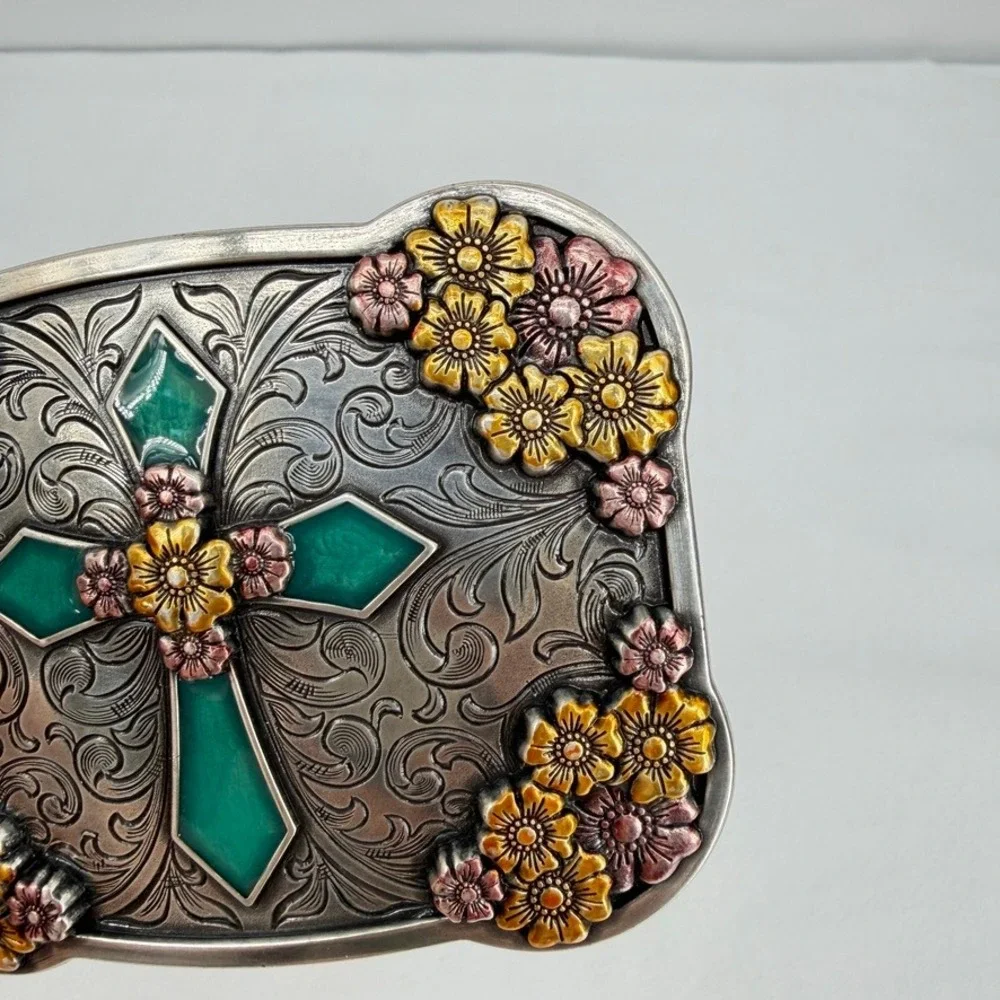 Belt Buckle Embellished Floral Cross Enamel Western Cowgirl Country Horse Core
